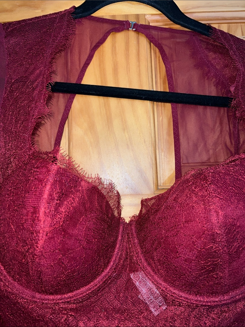 Victoria's Secret Burgundy Lace & Mesh Long Sleeve Bodysuit [36C] - Picture 3 of 11
